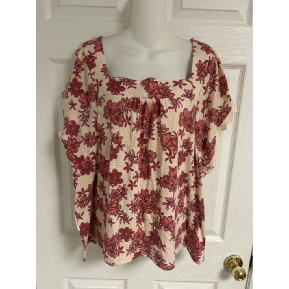 Como Blue - 3X - S/S Blouse - Beige and Raspberry